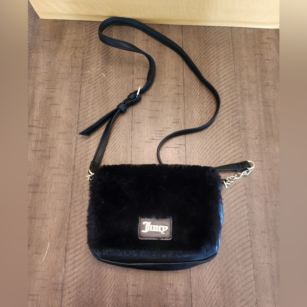 Juicy Couture Black Faux Fur Flap Crossbody Mini Bag NWOT